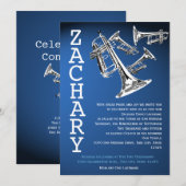 Trompetten Muziek Donkerblauw Bar Mitswa Kaart (Voorkant / Achterkant)