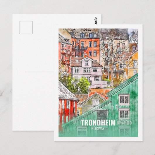 Trondheim Norway Famous Travel Waterverf Sketch Briefkaart (Voorkant / Achterkant)