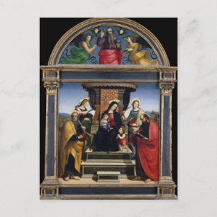 Tronende Madonna met Kind en Heiligen van Raphael Briefkaart