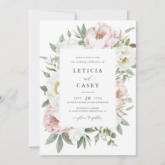 Troom Blozende Witte Pioen Frame Elegant Huwelijk Kaart (Voorkant)