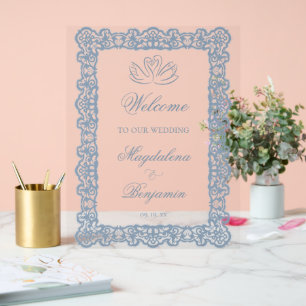 Troom Bruiloft met Vintage Stofblauw Kant en Elega Acryl Bord