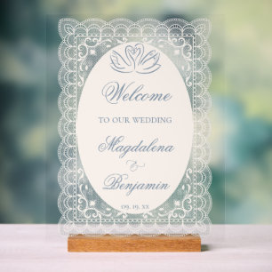 Troom Bruiloft met Vintage Stofblauw Kant en Elega Acryl Bord