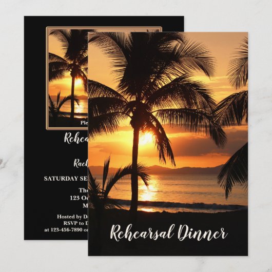 Tropcial Sunset Beach Rehearsal Dinner Invitation Kaart (Voorkant / Achterkant)