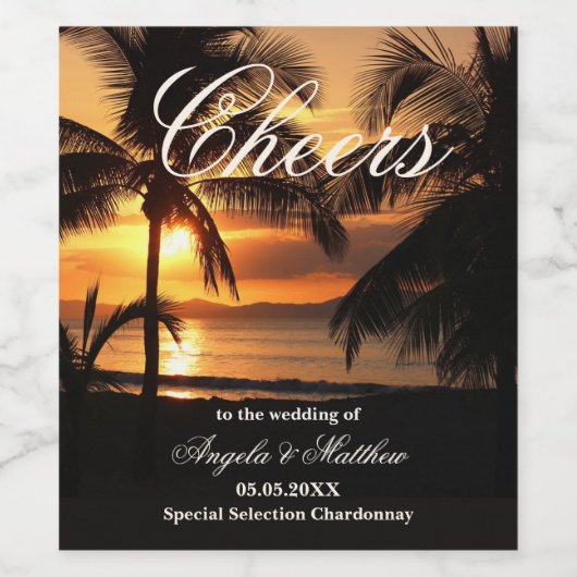 Tropcial Sunset Palm Beach Weddenschap Wine Label Wijn Etiket (Enkel label)
