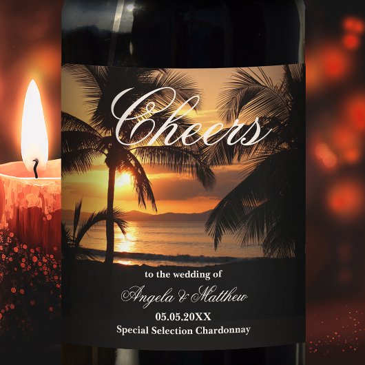 Tropcial Sunset Palm Beach Weddenschap Wine Label Wijn Etiket