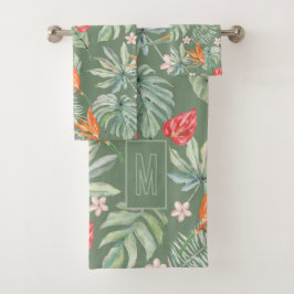 Tropen Bloem en Bladgroen Fantasie met Monogram Bad Handdoek