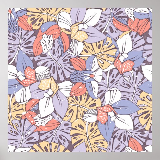 Tropic seamless pattern with orchid and monstera l poster (Voorkant)