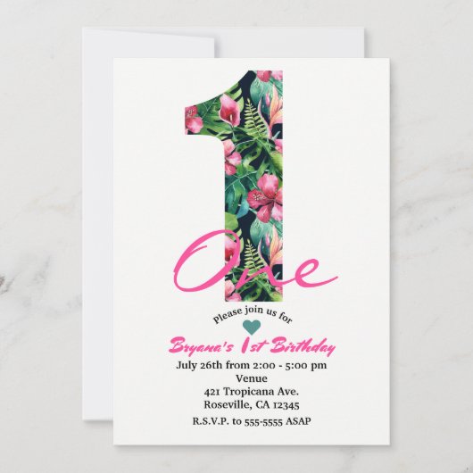 Tropical 1 One First 1st Birthday Party Invitation Kaart (Voorkant)