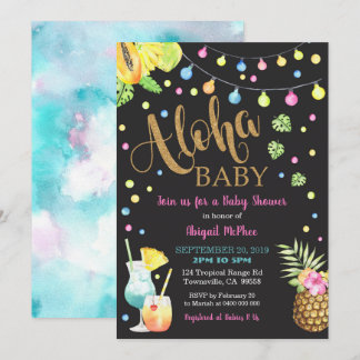 Tropical Aloha Baby shower Invitation Black Kaart