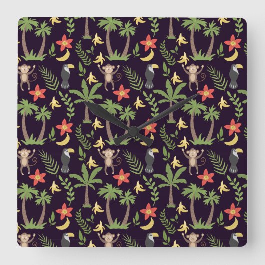 Tropical animals seamless pattern monkey & macaw vierkante klok (Voorkant)