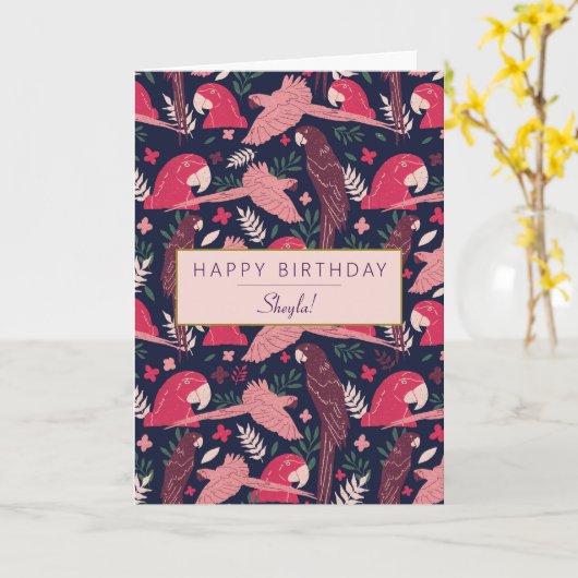 Tropical Ara Parrot Pattern Personalized Birthday  Kaart (Gele Bloem)