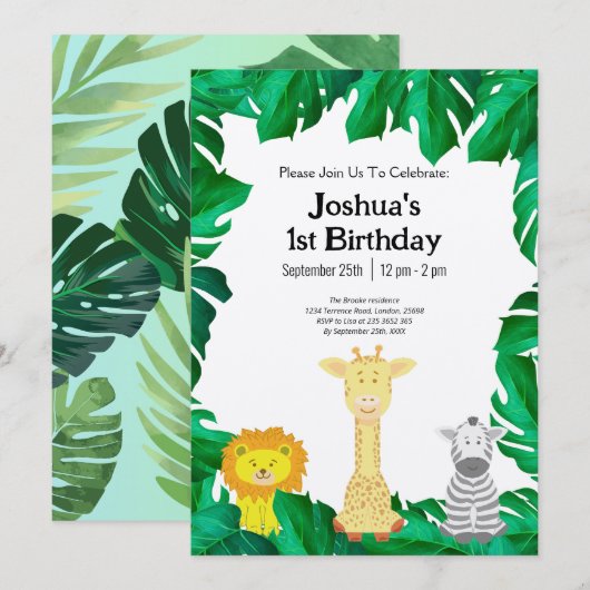 Tropical Baby's eerste verjaardag Safari Uitnodigi Kaart (Voorkant / Achterkant)