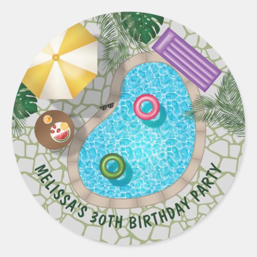 Tropical Backyard Pool Summer Pool Birthday Party Ronde Sticker (Voorkant)