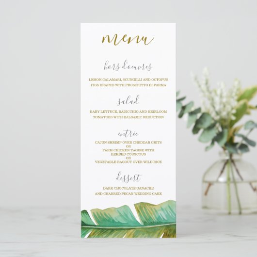 Tropical Banana Leaf Wedding Menu Kaart (Staand voorkant)