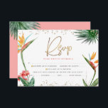 Tropical Bat Mitzvah Gold Script Palm Waterverf RSVP Kaartje<br><div class="desc">Wees trots, verheug je en vier deze mijlpaal van je favoriete Bat Mitzvah met deze verfijnde, gepersonaliseerde RSVP-insteekkaart voor je evenement! Stijlvolle, prachtige, kleurrijke, tropische waterverf paradijsbloemen, faux gold handgeschreven script, Star of David en glitter stippen, samen met donker roos roze en grijs modern sans serif type, bedekken een witte...</div>