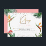 Tropical Bat Mitzvah Gold Script Palm Waterverf RSVP Kaartje<br><div class="desc">Wees trots, verheug je en vier deze mijlpaal van je favoriete Bat Mitzvah met deze verfijnde, gepersonaliseerde RSVP-insteekkaart voor je evenement! Stijlvolle, prachtige, kleurrijke, tropische waterverf paradijsbloemen, faux gold handgeschreven script, Star of David en glitter stippen, samen met donker roos roze en grijs modern sans serif type, bedekken een witte...</div>