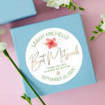 Tropical Bat Mitzvah Waterverf Bloemen Goud Script Ronde Sticker<br><div class="desc">Wees trots, blij en vier deze mijlpaal van je favoriete Bat Mitzvah wanneer je deze geavanceerde, gepersonaliseerde sticker gebruikt! Een stijlvol, verbluffend, kleurrijk, tropisch waterverf plumeria flower, faux goudhandgeschreven script, Star of David en glitter stippen, samen met een lentegroen modern sans serif type, bedekken een witte achtergrond. Pas de douanetekst...</div>