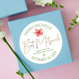 Tropical Bat Mitzvah Waterverf Bloemen Goud Script Ronde Sticker
