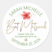 Tropical Bat Mitzvah Waterverf Bloemen Goud Script Ronde Sticker (Voorkant)