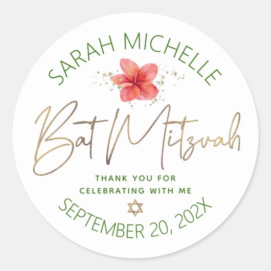 Tropical Bat Mitzvah Waterverf Bloemen Goud Script Ronde Sticker (Voorkant)