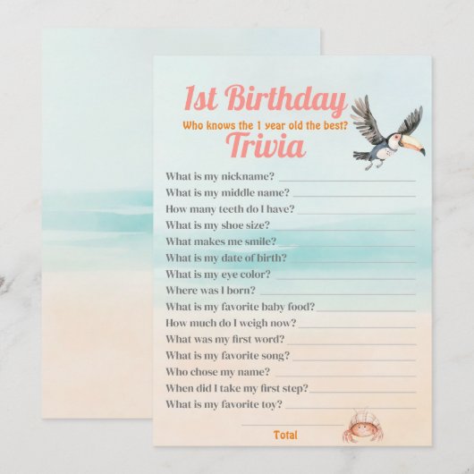 Tropical Beach 1e verjaardag Trivia bewerkbaar spe Kaart (Voorkant / Achterkant)