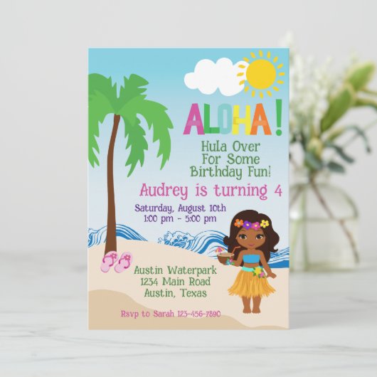 Tropical Beach Aloha Luau Verjaardag uitnodiging (Staand voorkant)