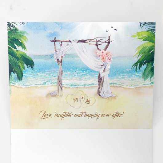 Tropical Beach Arbor Romantische bruiloft Drieluik Kaart (Binnenzijde eerst)