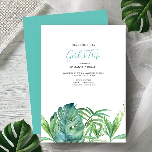 Tropical Beach Bachelorette Party Uitnodigingen (Bachelorette party invitations watercolor tropical monstera palm leave art by Victoria Grigaliunas)