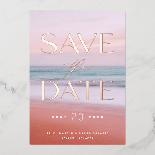 Tropical Beach Bestemming Bruiloft Bewaar de datum Folie Uitnodiging (Voorkant)