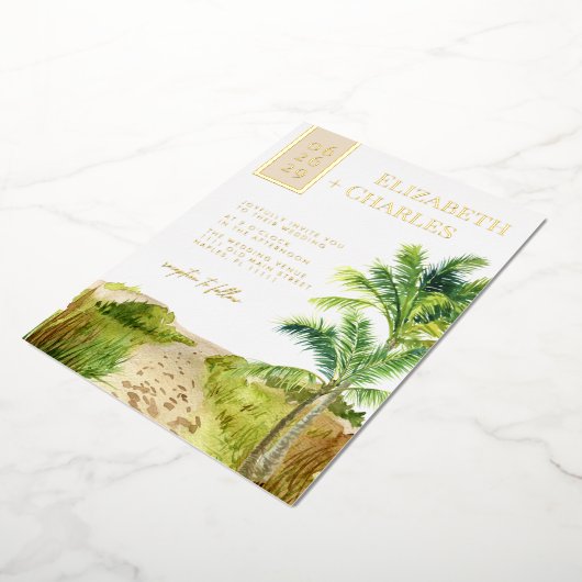 Tropical Beach Bestemming Bruiloft Folie Uitnodigi Folie Uitnodiging (Gedraaid)