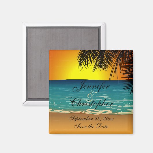 Tropical Beach bij Sunset Wedding Save the Date Magneet (Voorkant / Achterkant)