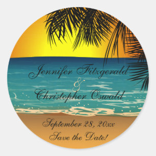 Tropical Beach bij Sunset Wedding Save the Date Ronde Sticker