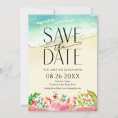 Tropical Beach Bloemenkalligrafie Save the Date Kaart (Voorkant)