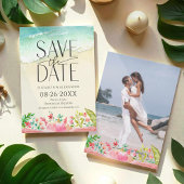 Tropical Beach Bloemenkalligrafie Save the Date Kaart
