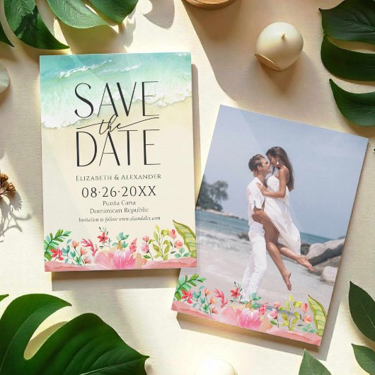 Tropical Beach Bloemenkalligrafie Save the Date Kaart