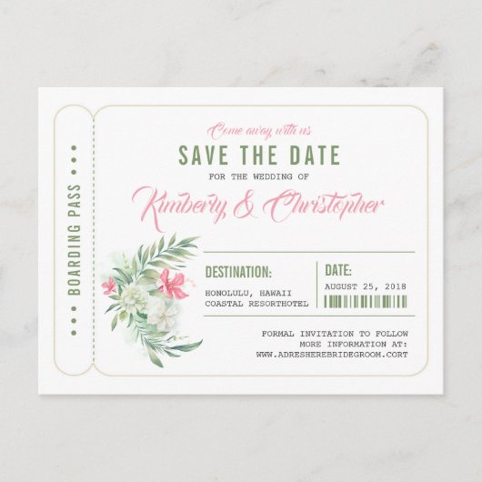 Tropical Beach Boarding Pass Ticket Save the Date Aankondigingskaart (Voorkant)
