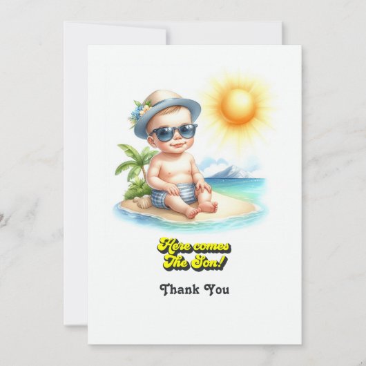 Tropical Beach Boy Here Comes The Son Baby shower Bedankkaart (Voorkant)