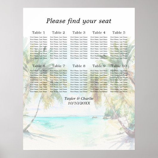 Tropical Beach Bruiloft 10 Tafels Zitkaarten Poster (Voorkant)