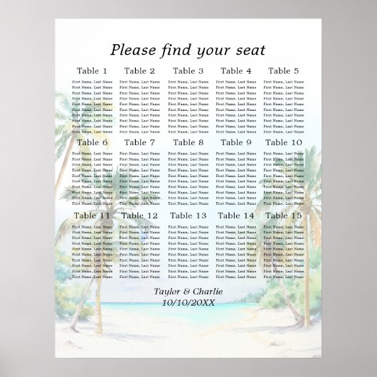 Tropical Beach Bruiloft 15 Tafels Zitkaart Poster (Voorkant)