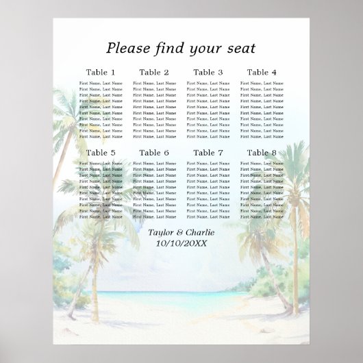Tropical Beach Bruiloft 8 Tafels Zitkaarten Poster (Voorkant)