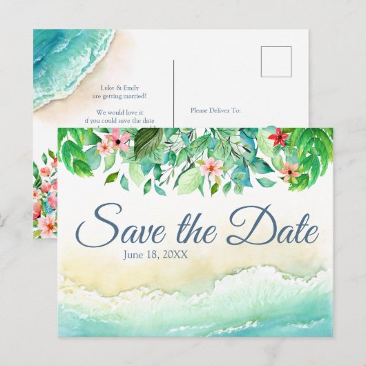 Tropical Beach Bruiloft Aquarel Save the Date Briefkaart (Voorkant / Achterkant)