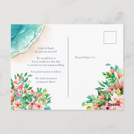 Tropical Beach Bruiloft Aquarel Save the Date Briefkaart (Achterkant)