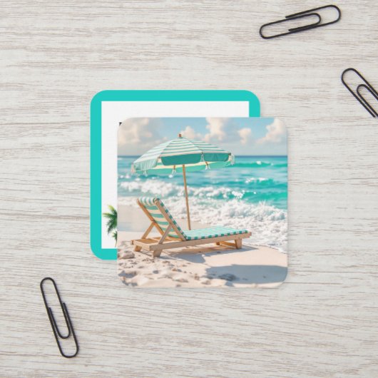 Tropical Beach Chaise Lounge op wit zand Vierkante Visitekaartje (Voorkant / Achterkant in situ)