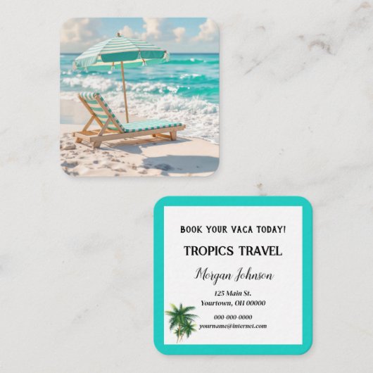 Tropical Beach Chaise Lounge op wit zand Vierkante Visitekaartje (Voorkant / Achterkant)