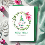 Tropical Beach Christmas Kaarten Waterverf<br><div class="desc">Deze schattige strand kerstkaarten zijn voorzien van mijn originele handgeschilderde waterverf kersteelf, gekleed in een roze flamingo shirt en lang pet, omgeven door een boerderij-stijl krans van groen en rode bessen op een frisse witte achtergrond. De woorden "Warmste wensen" worden weergegeven in modern handgeschreven schrift. Perfect voor een tropische Florida...</div>