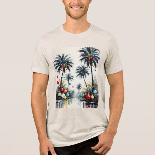 Tropical Beach Christmas Palm Trees With Ornaments Tri-Blend Shirt (Voorkant)