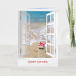 Tropical Beach Christmas Sand Snowman Kaart<br><div class="desc">Cué sand man with striped knit cap in beach sand on ocean shore with window frame</div>