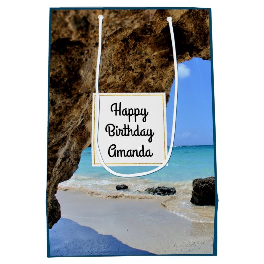 Tropical Beach Coast met een Big Rock Verjaardag Medium Cadeauzakje (Achterkant)