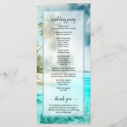Tropical Beach Coastal Palm Trees Elegant Wedding Programmakaart (Achterkant)