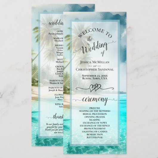 Tropical Beach Coastal Palm Trees Elegant Wedding Programmakaart (Voorkant / Achterkant)